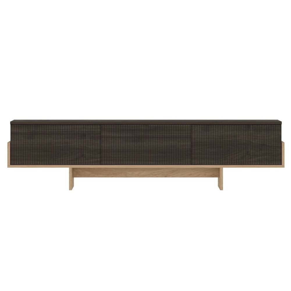 Meuble TV 3 portes abattantes striées L185 cm - Effet Bois foncé