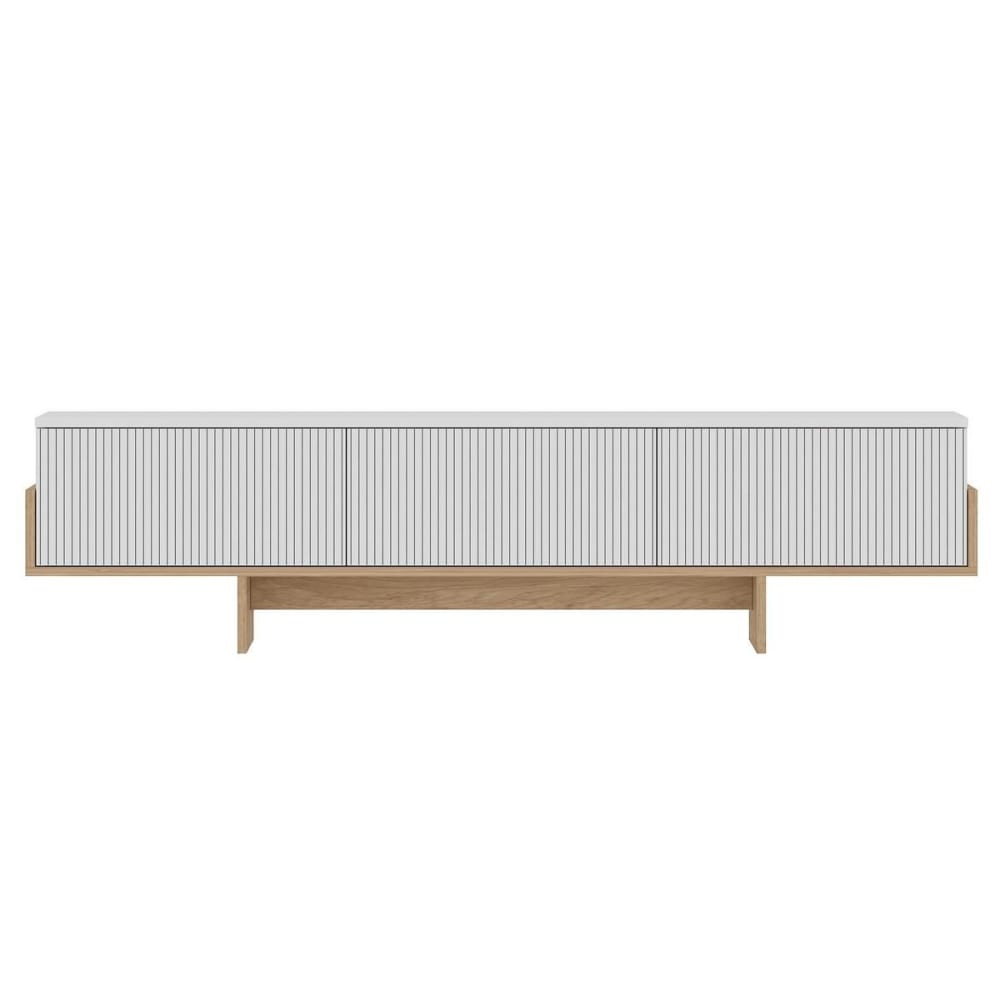 Meuble TV 3 portes abattantes striées L185 cm - Effet Blanc et Bois