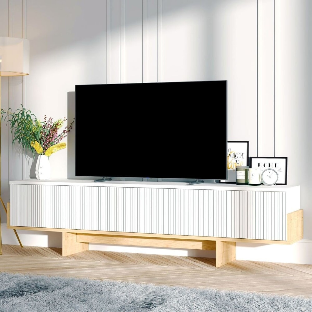 Meuble TV 3 portes abattantes striées L185 cm - Effet Blanc et Bois - image 2
