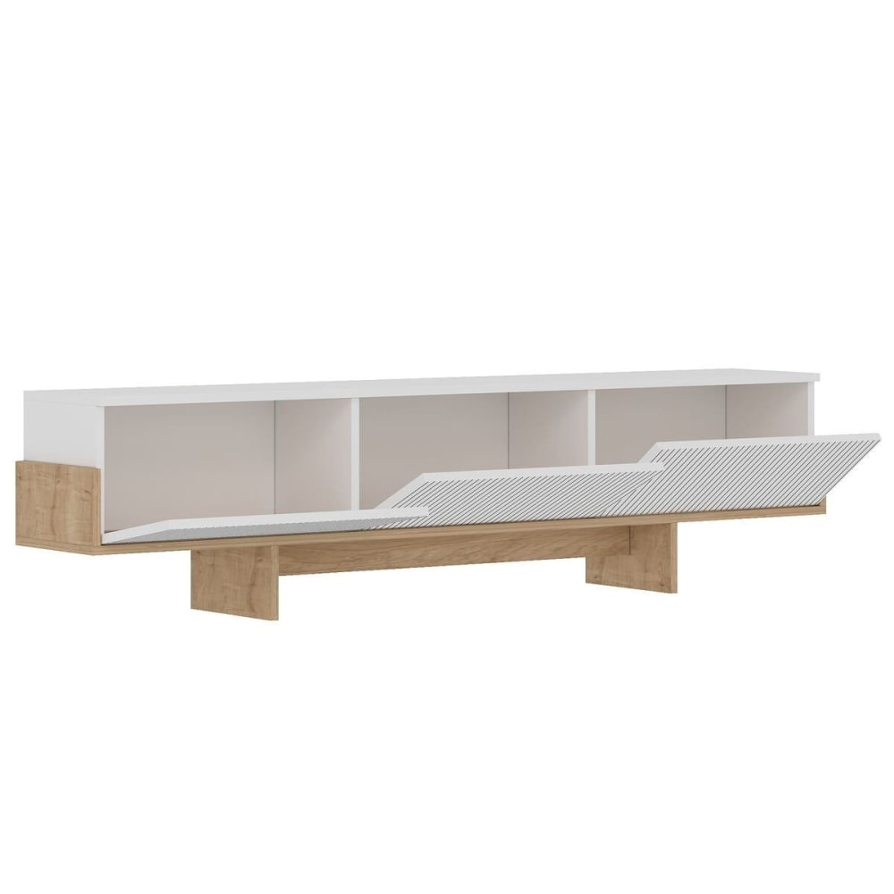 Meuble TV 3 portes abattantes striées L185 cm - Effet Blanc et Bois - image 3