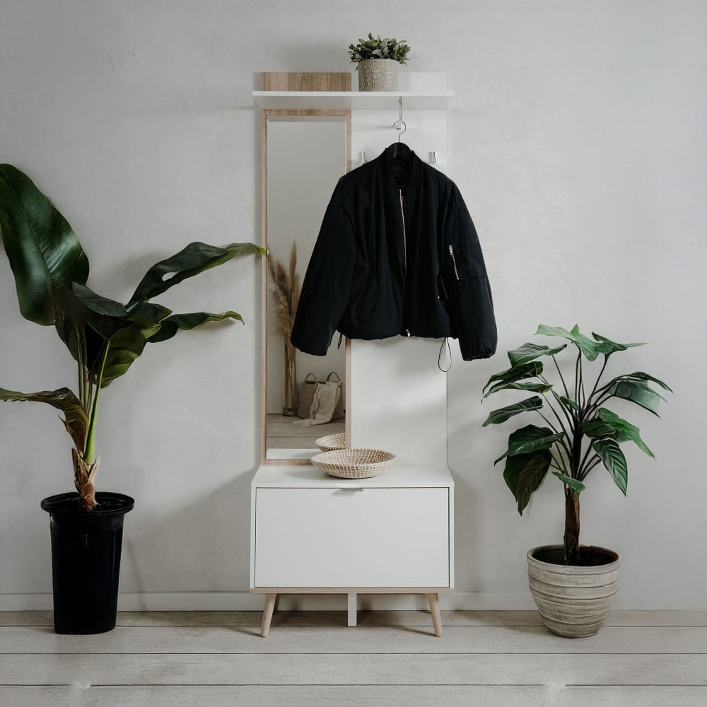 Vestiaire avec miroir et abattant 200 cm décor chêne et blanc - GOTHY