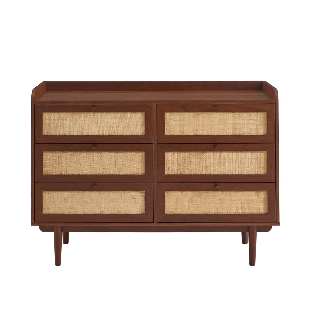 Commode noyer et cannage 6 tiroirs 120cm