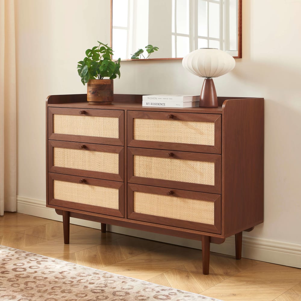 Commode noyer et cannage 6 tiroirs 120cm