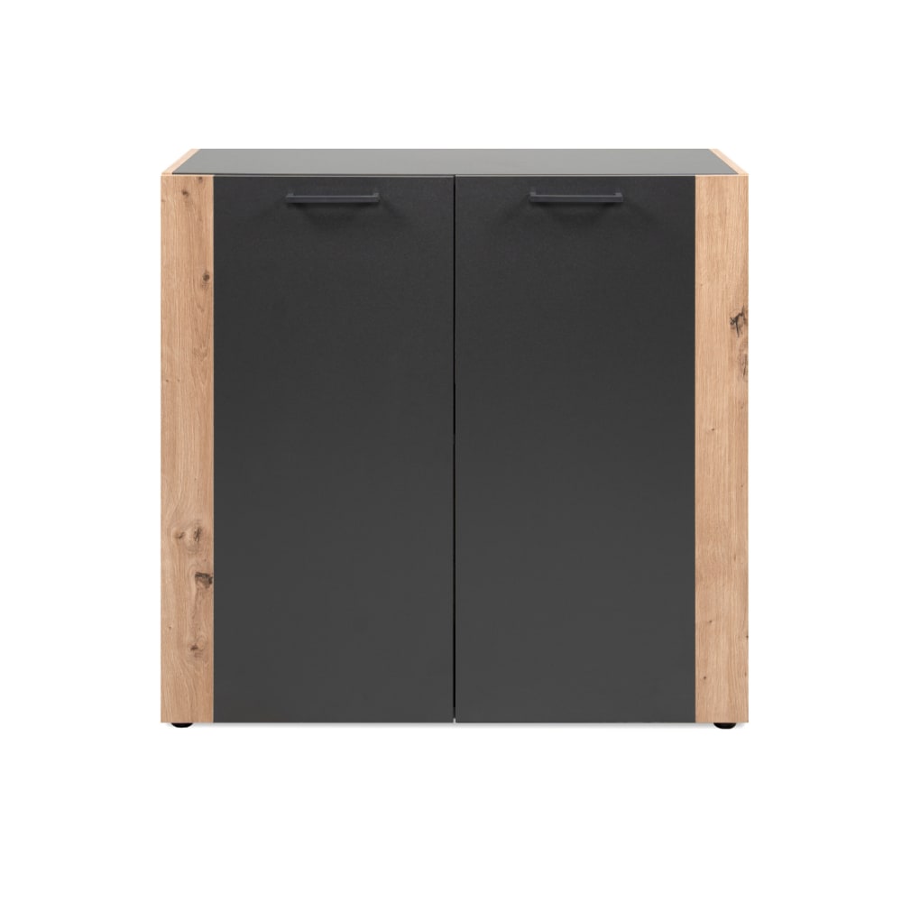 Commode 2 portes 1 étagère 89x34x83 cm noir et chêne - FLOWY