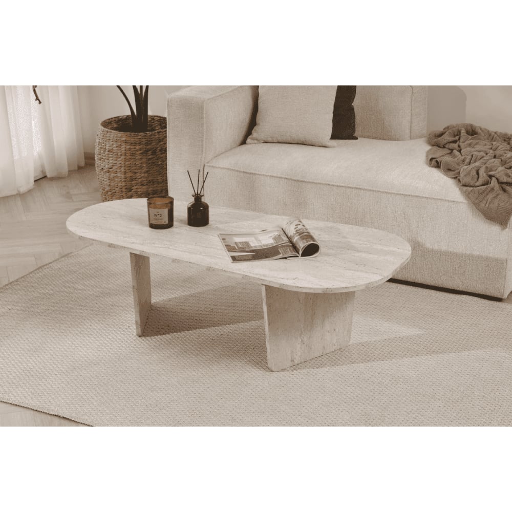 Table basse avec plateau arrondi L130 cm - Effet Travertin
