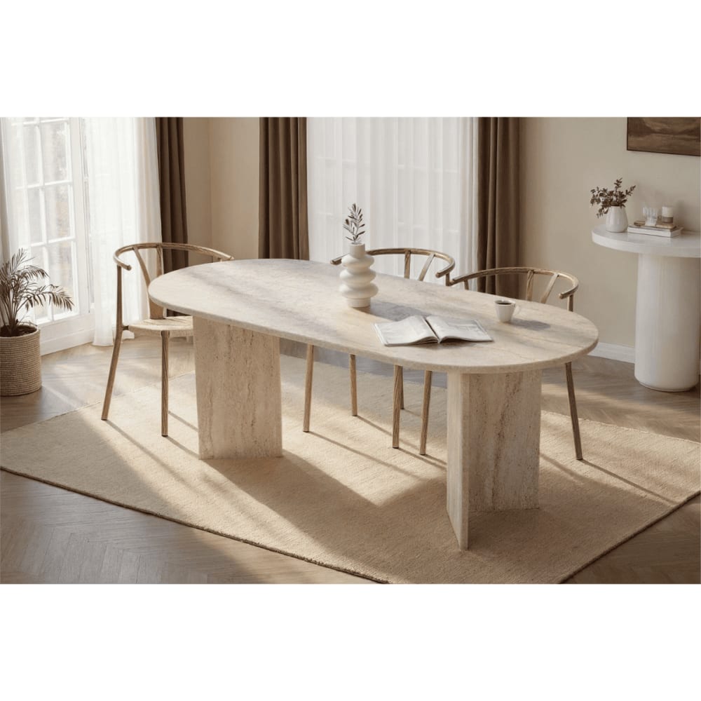 Table à manger avec plateau ovale L200 cm - Effet Travertin