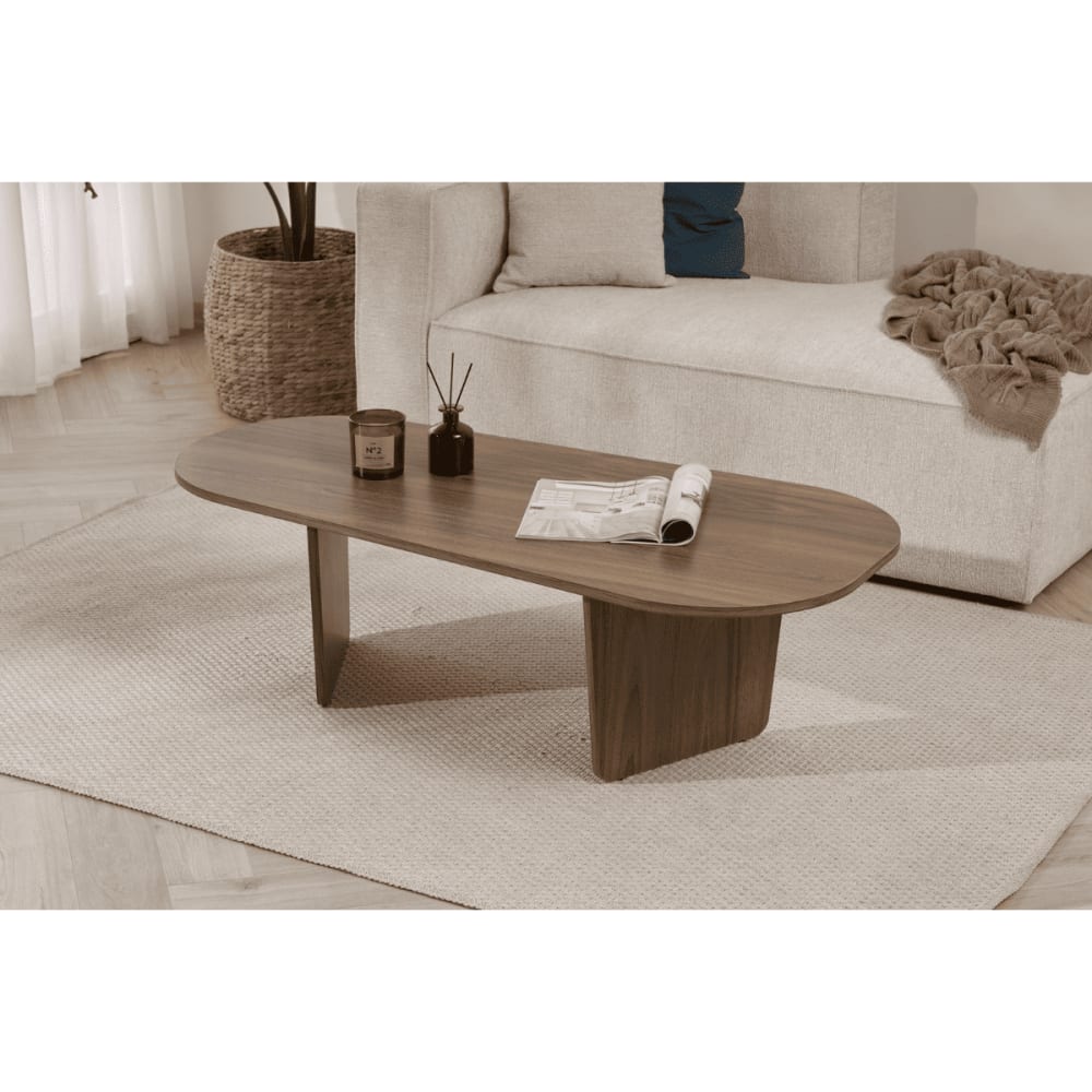 Table basse avec plateau arrondi L130 cm - Effet Noyer