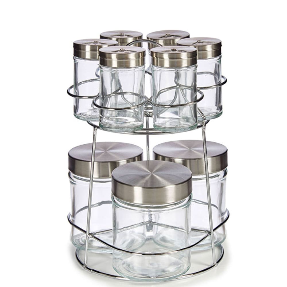 Set de 9 pots à épices en verre et support en métal chromé 19x19x23.5c