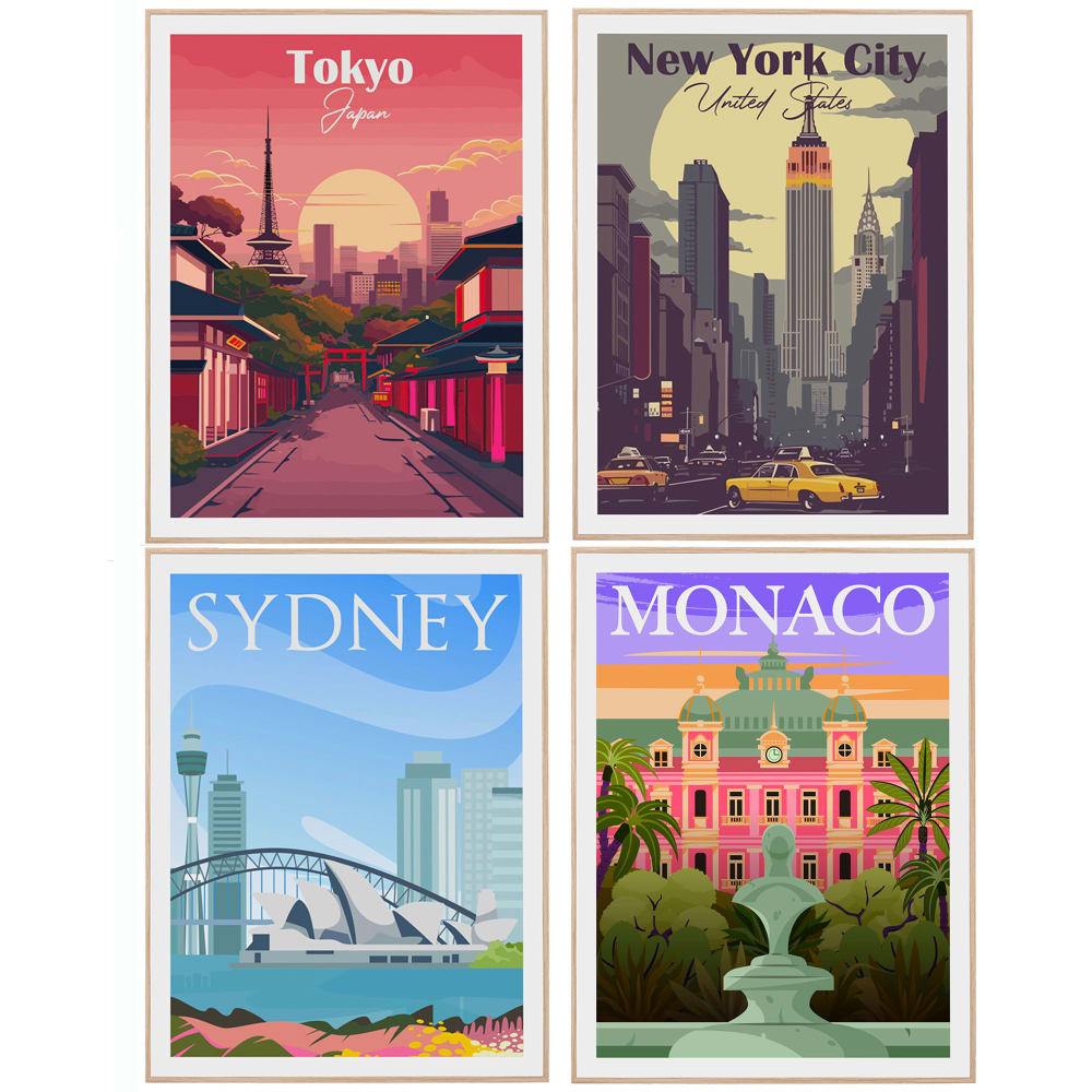 Set de 4 cadres décoratifs mural New-york, Tokyo, Sydney, Monaco 30x40