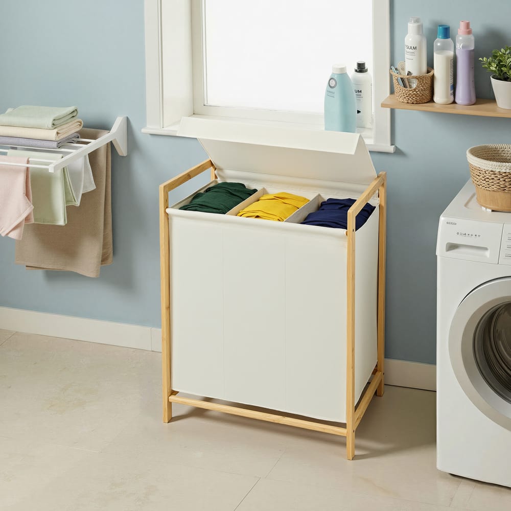 Panier à linge avec couvercle 3 compartiments 150 l crème — vue 3