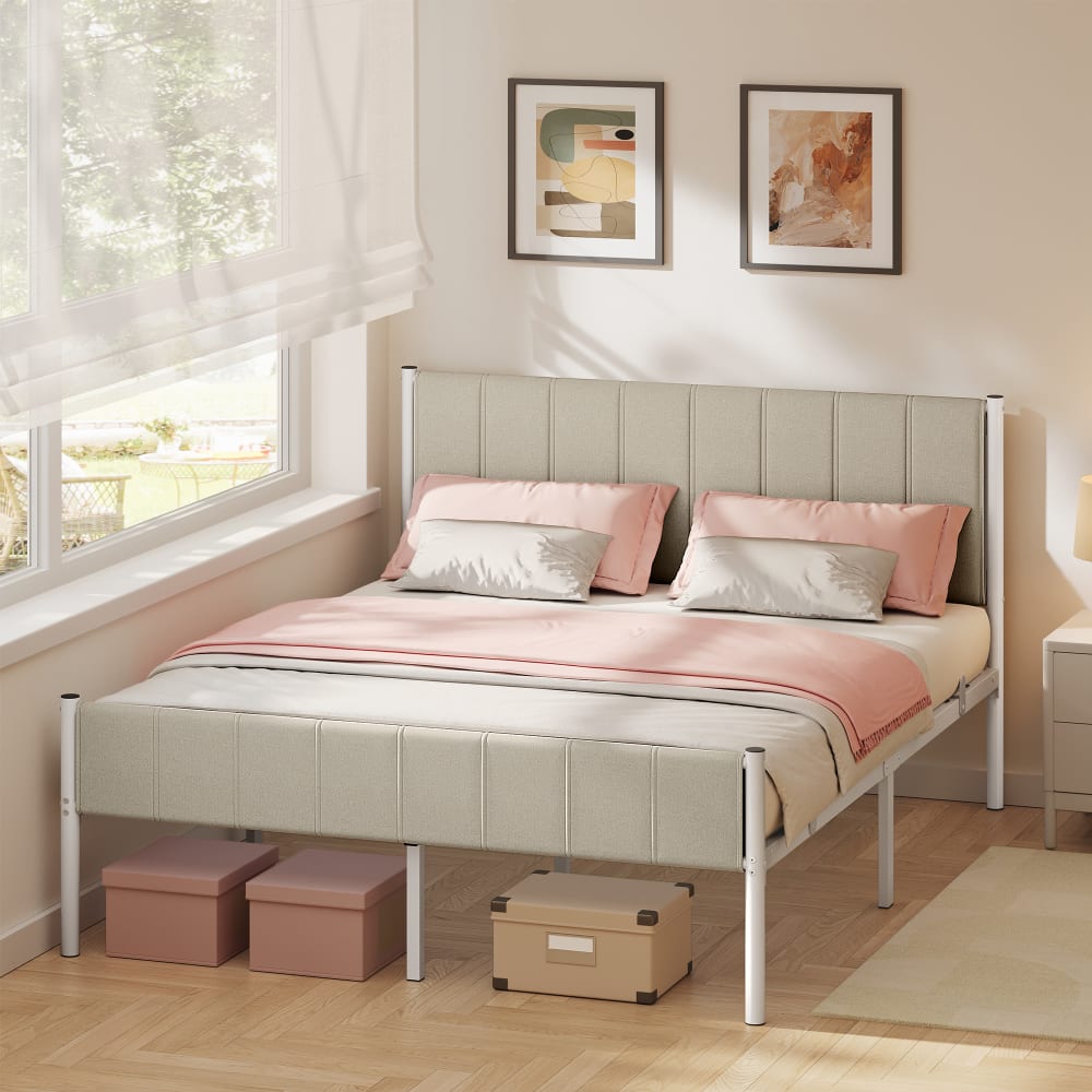 Lit double avec structure en acier tête de lit capitonnée beige