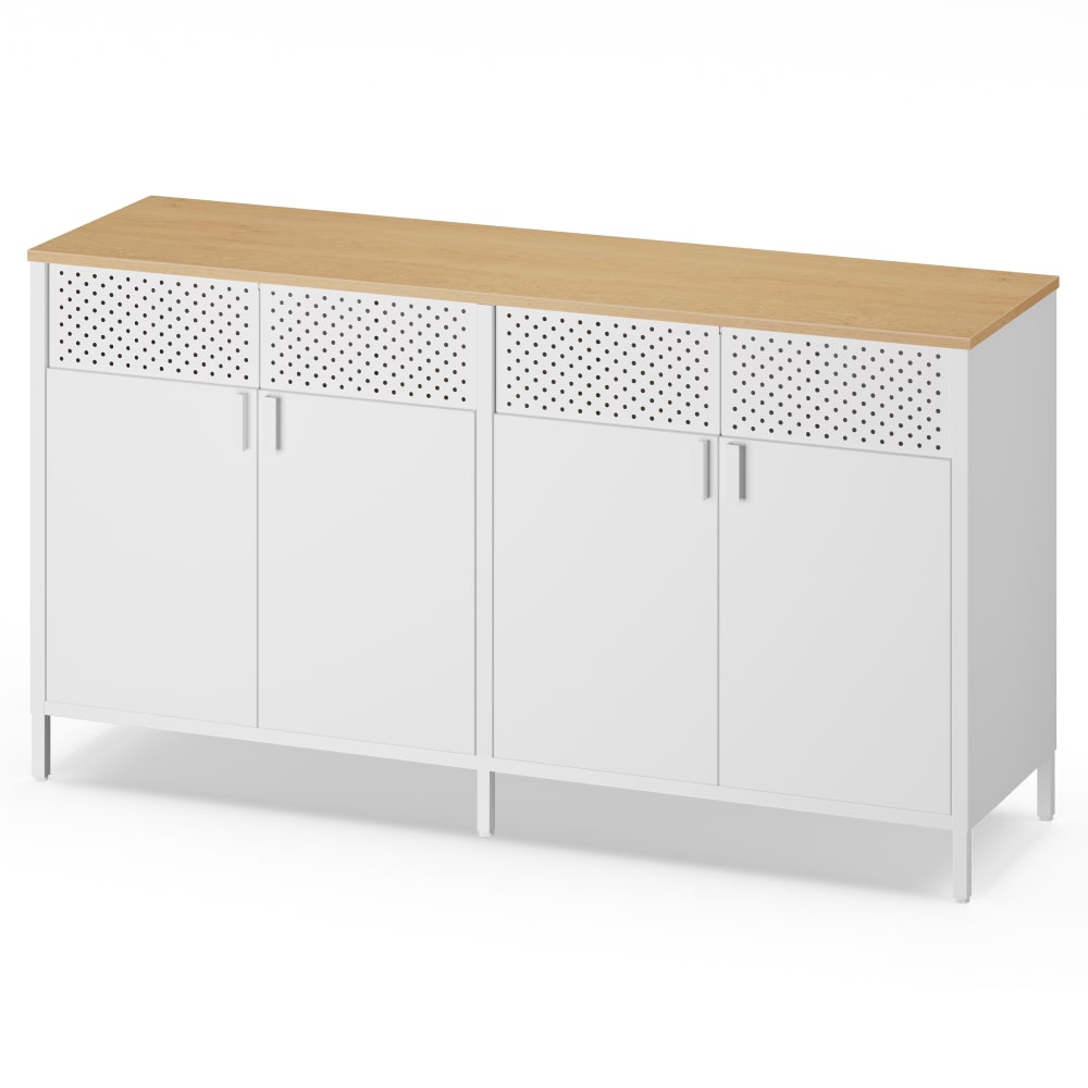 Buffet de rangement en acier fermeture magnétique métal blanc et chêne