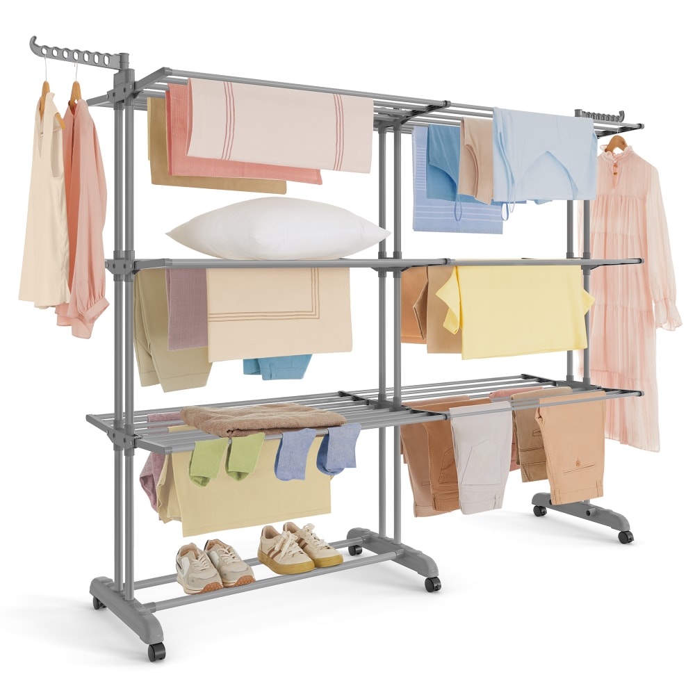 Étendoir à linge avec roulettes séchoir à linge extensible gris Étendoir à linge avec roulettes séchoir à linge extensible gris