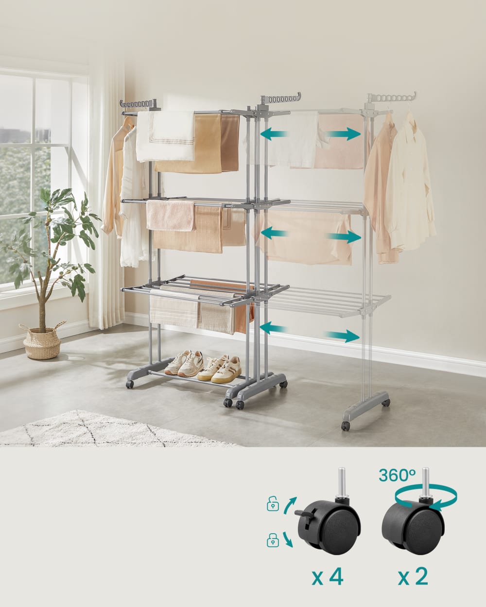 Étendoir à linge à 4 niveaux pliable 63,5 x (131-200) x 177,5 cm gris — vue 4
