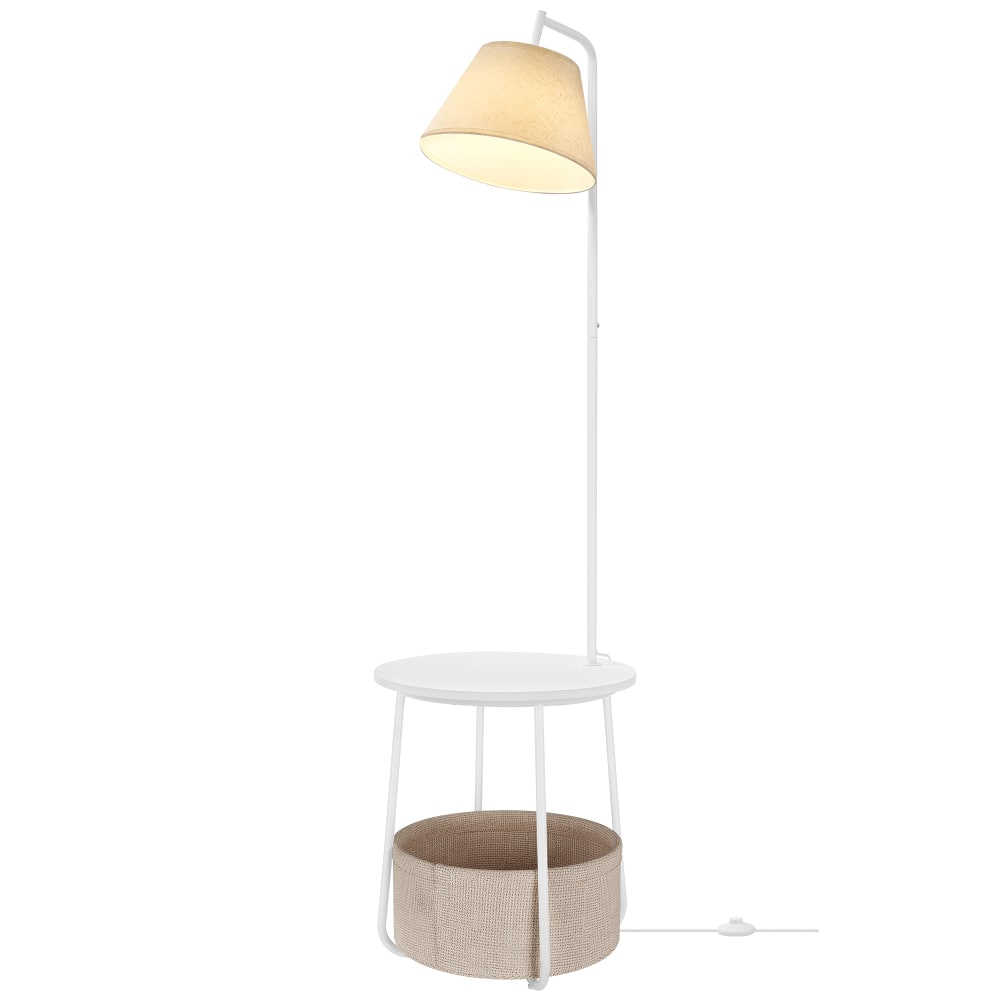 Lampe sur pied 3-en-1 avec table d'appoint panier en tissu blanc Lampe sur pied 3-en-1 avec table d'appoint panier en tissu blanc