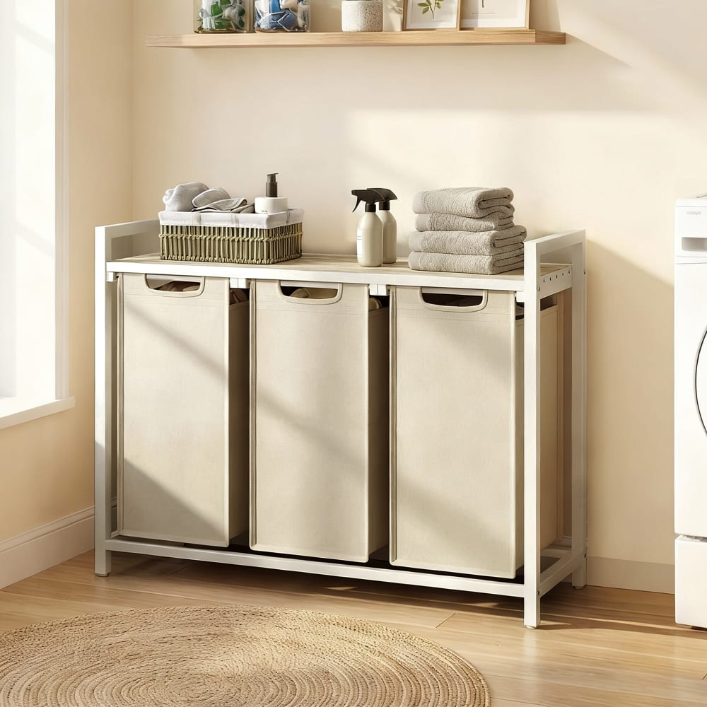 Panier à linge 3 compartiments avec étagère de rangement beige — vue 3