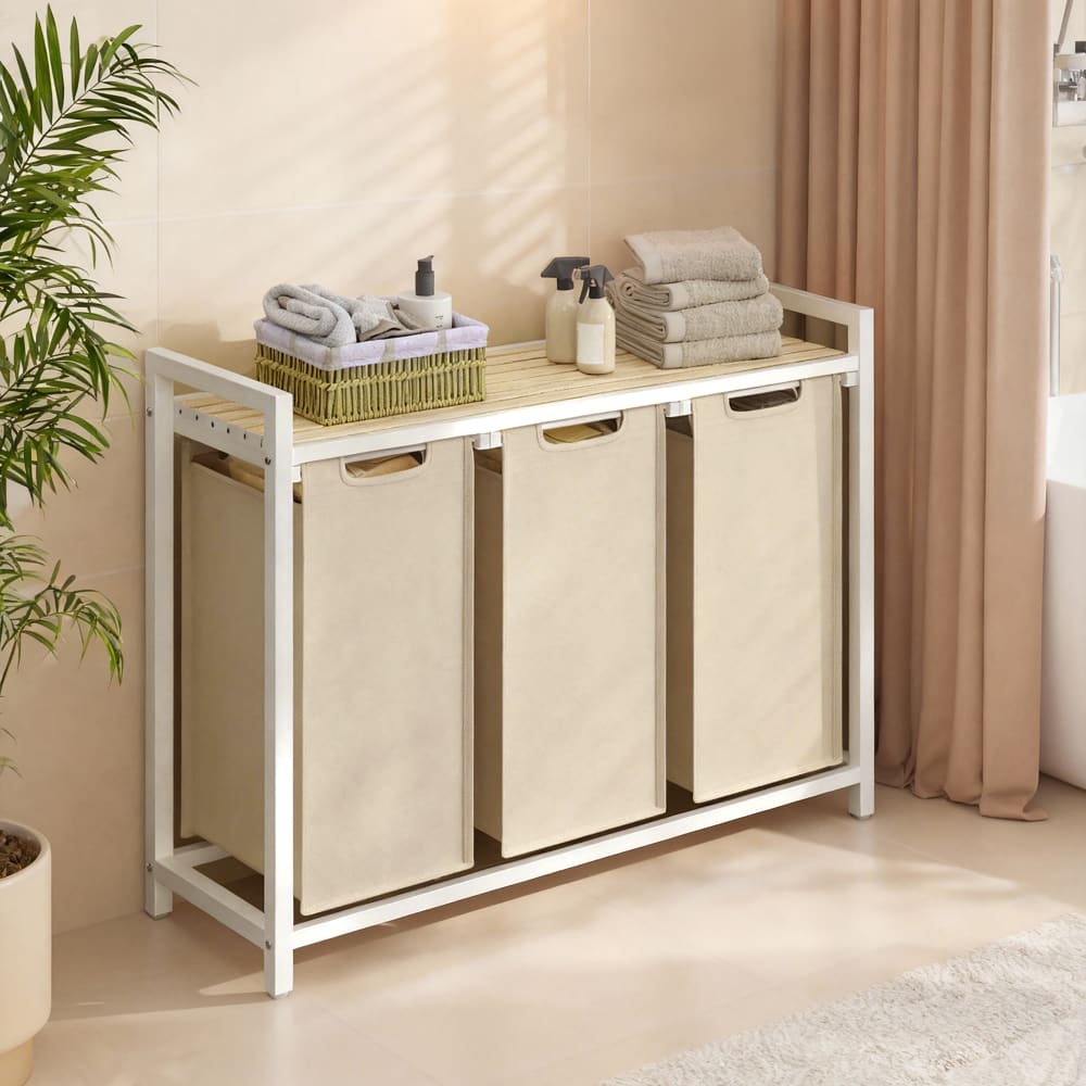 Panier à linge 3 compartiments avec étagère de rangement beige — vue 4