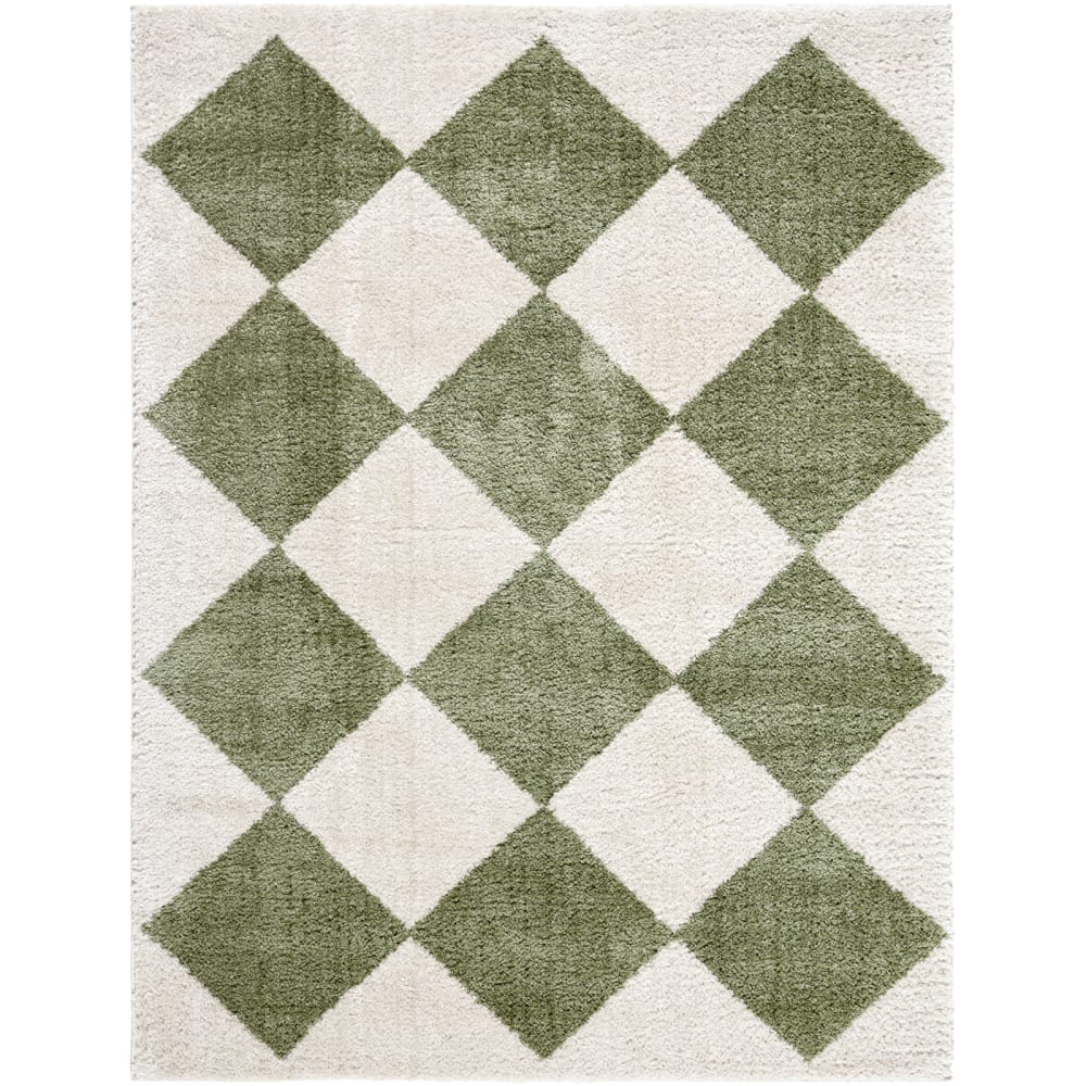 Tapis Shaggy à Losanges Lavable en Machine Vert 160x213