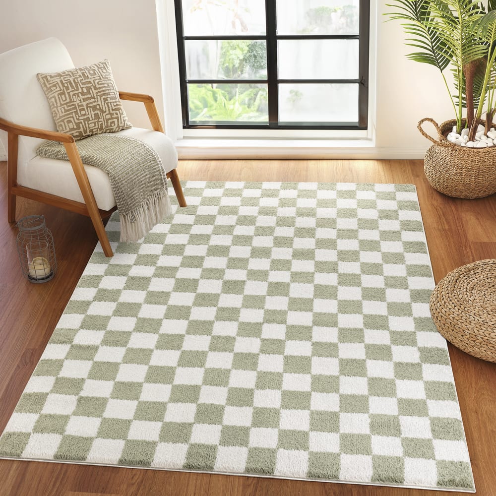 Tapis Shaggy à Carreaux Lavable en Machine Vert 160x213