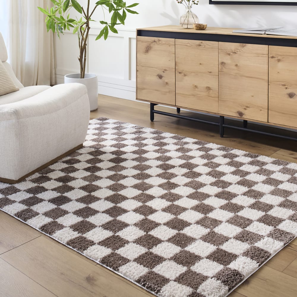 Tapis shaggy à carreaux lavable en machine marron 200x275 — vue 3