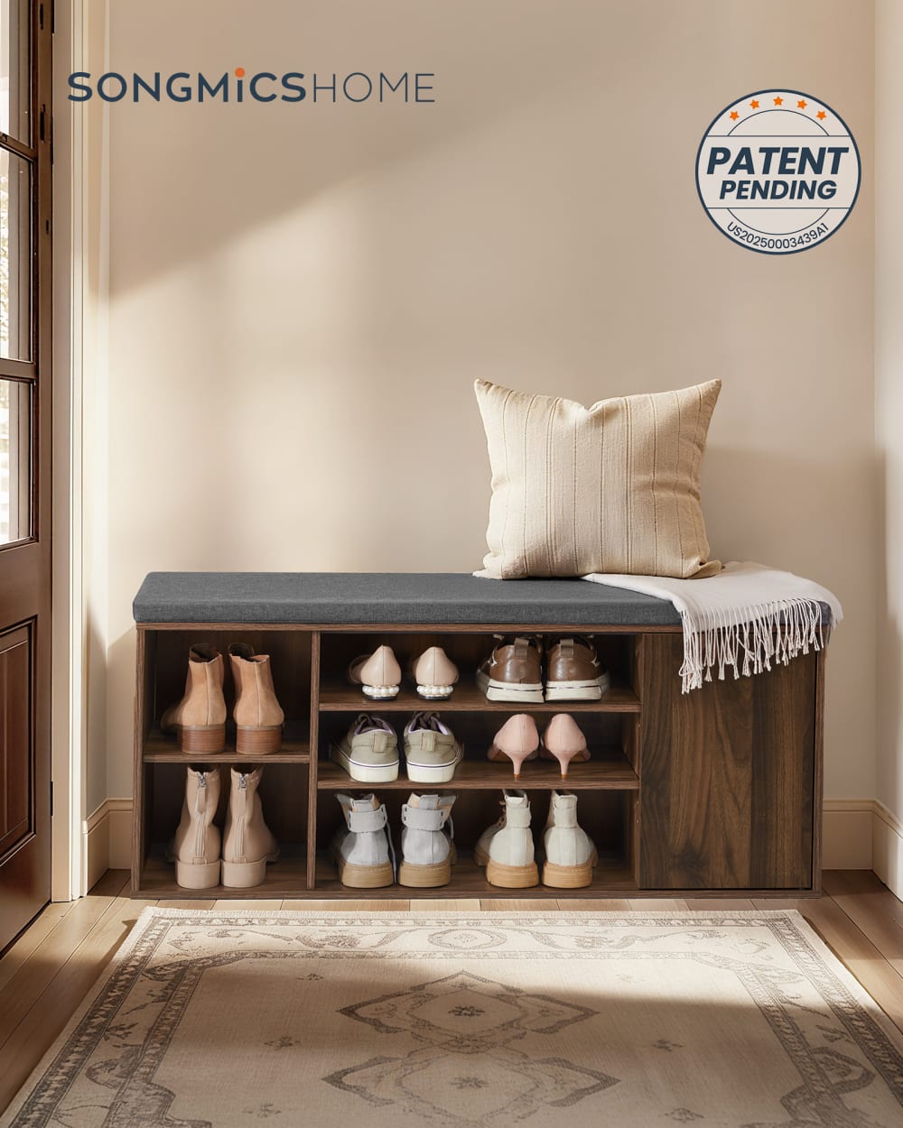Banc à chaussures meuble d’entrée avec rangement noyer et gris