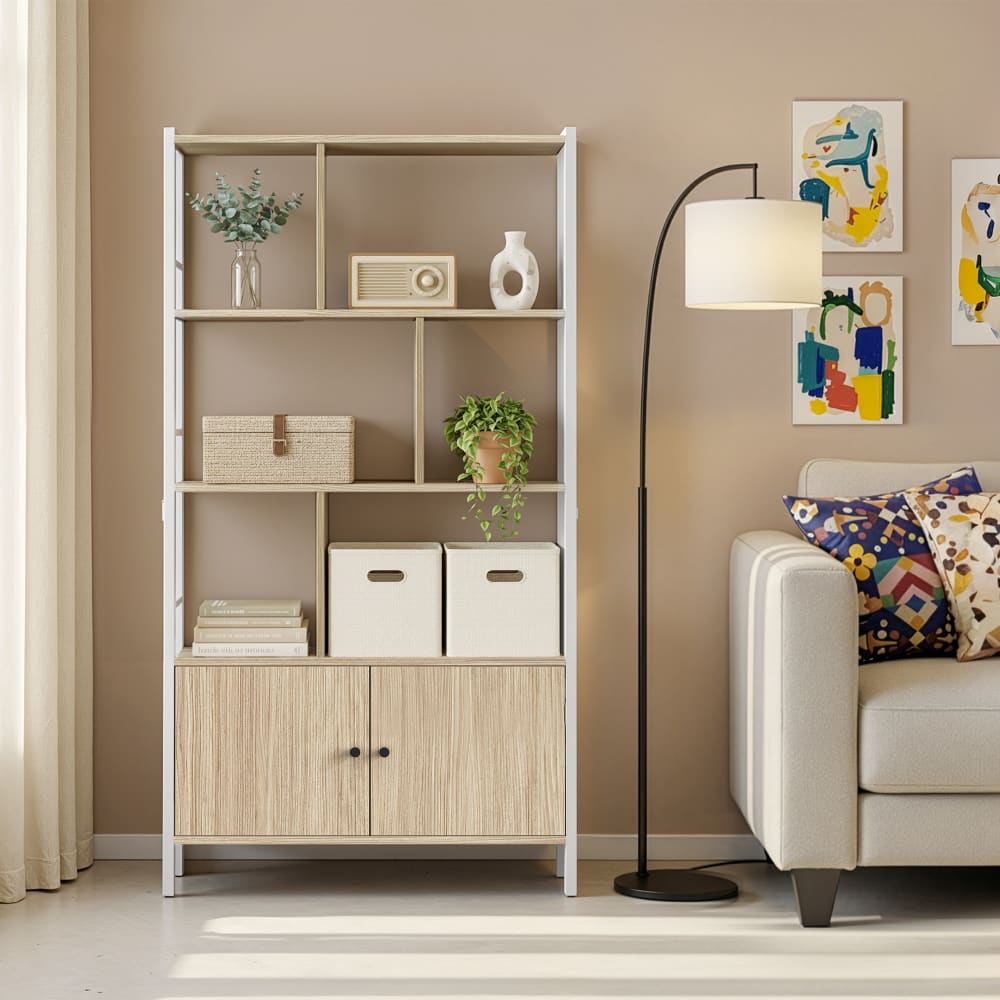 Bibliothèque de rangement à portes grande capacité beige et blanc