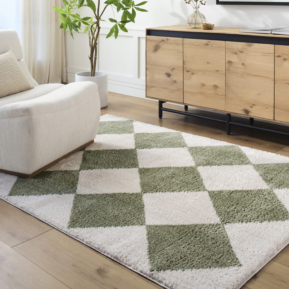 Tapis shaggy à losanges lavable en machine vert 200x275 — vue 3
