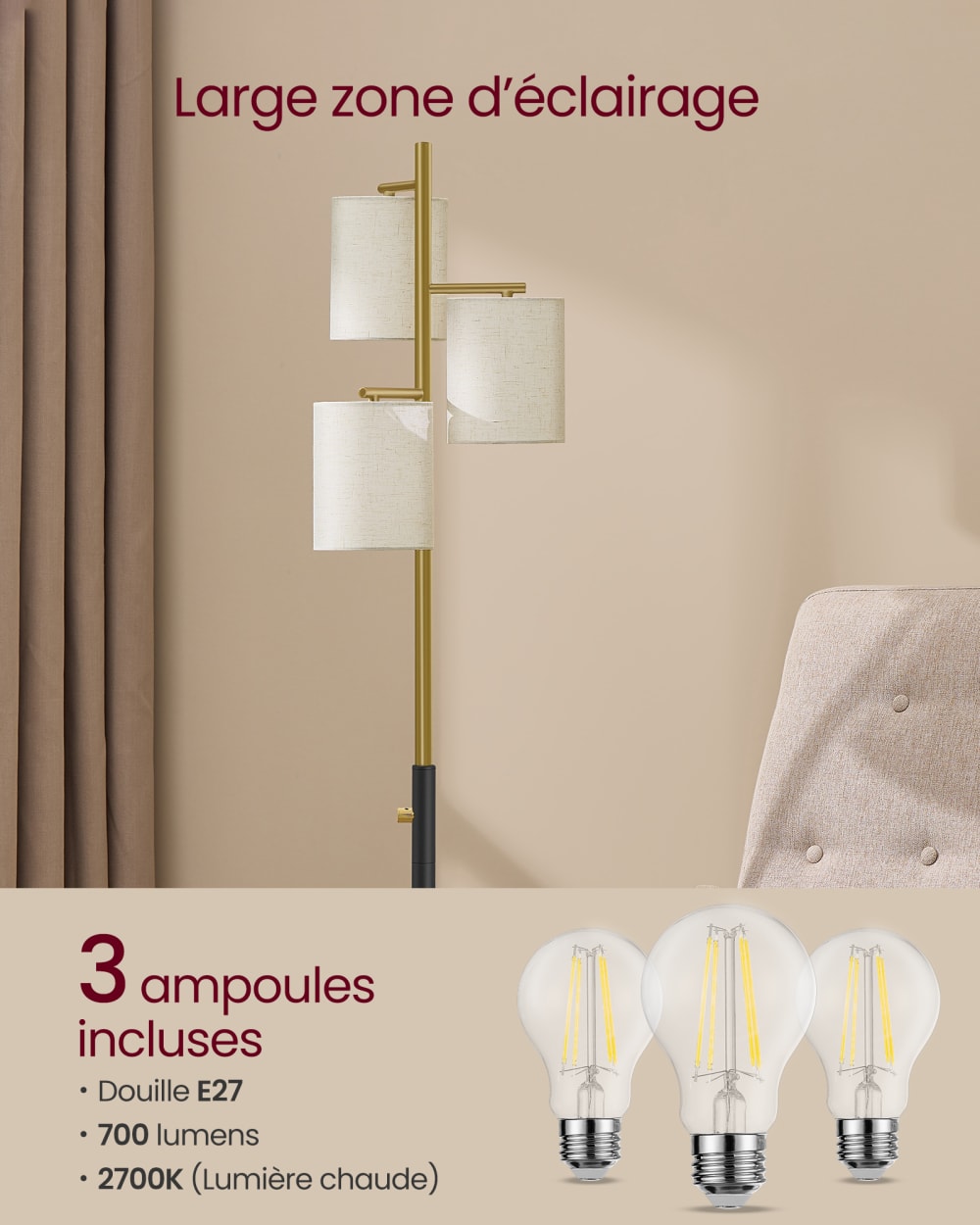 Lampadaire à luminosité réglable avec bouton rotatif 173 cm noir — vue 3