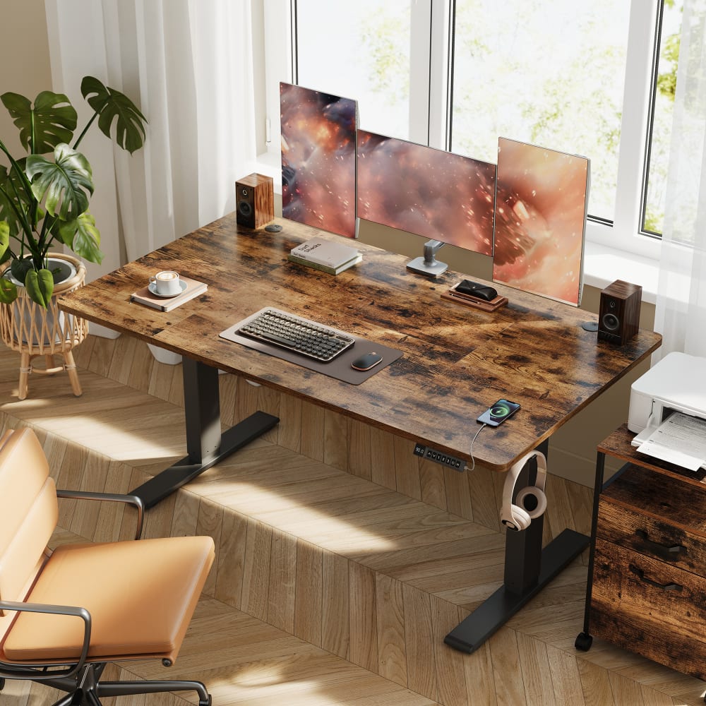 Bureau assis-debout réglable 140 x 80 cm mémoire 3 hauteurs marron