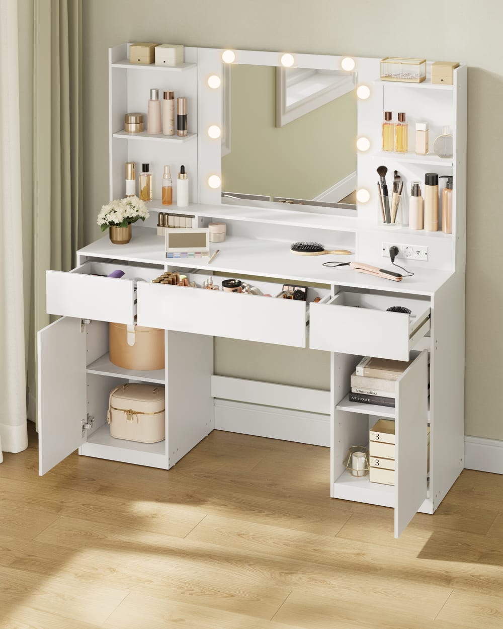 Coiffeuse avec miroir multiprise 2 placards 9 ampoules blanc