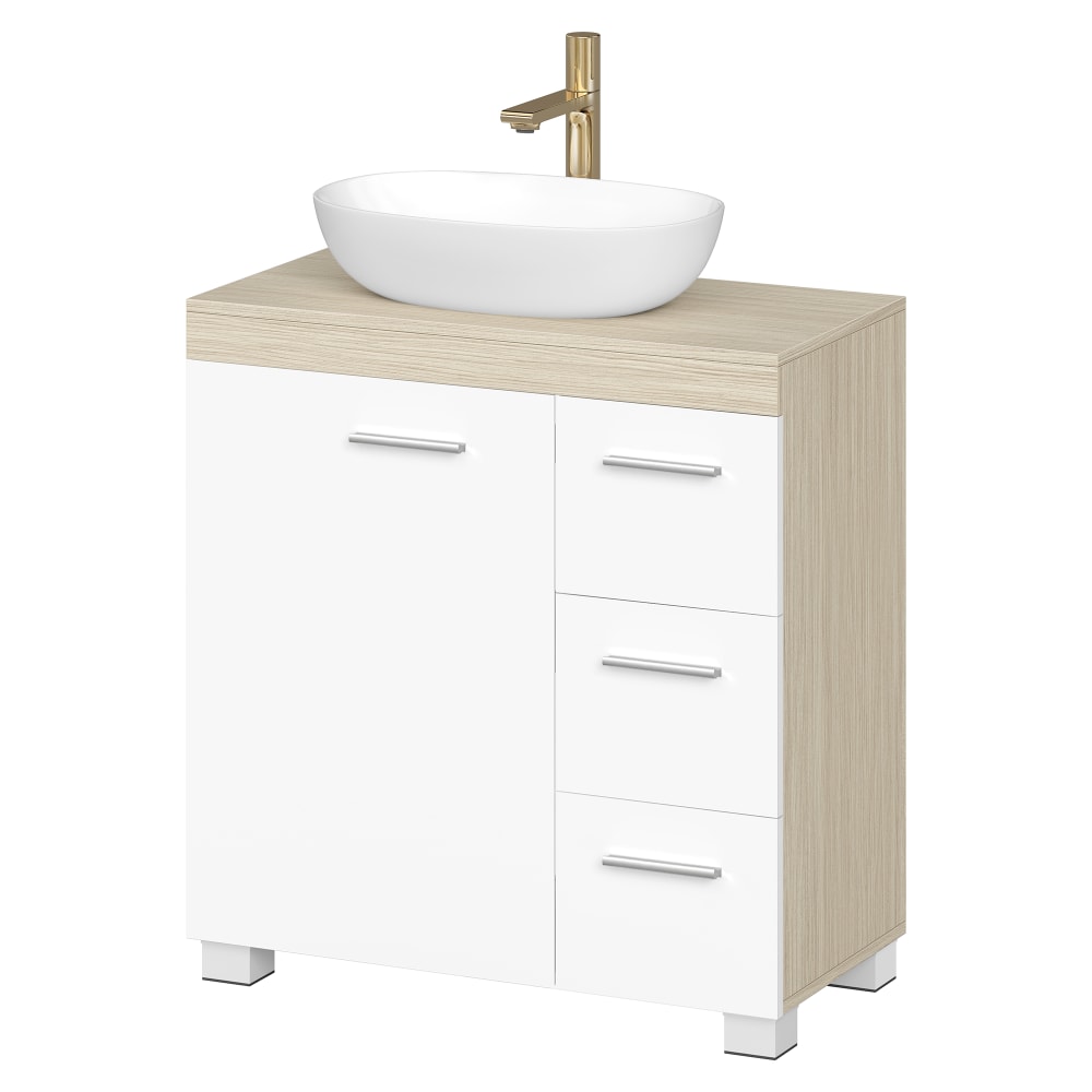 Armoire de salle de bain 2 compartiments et 3 tiroirs blanc et beige