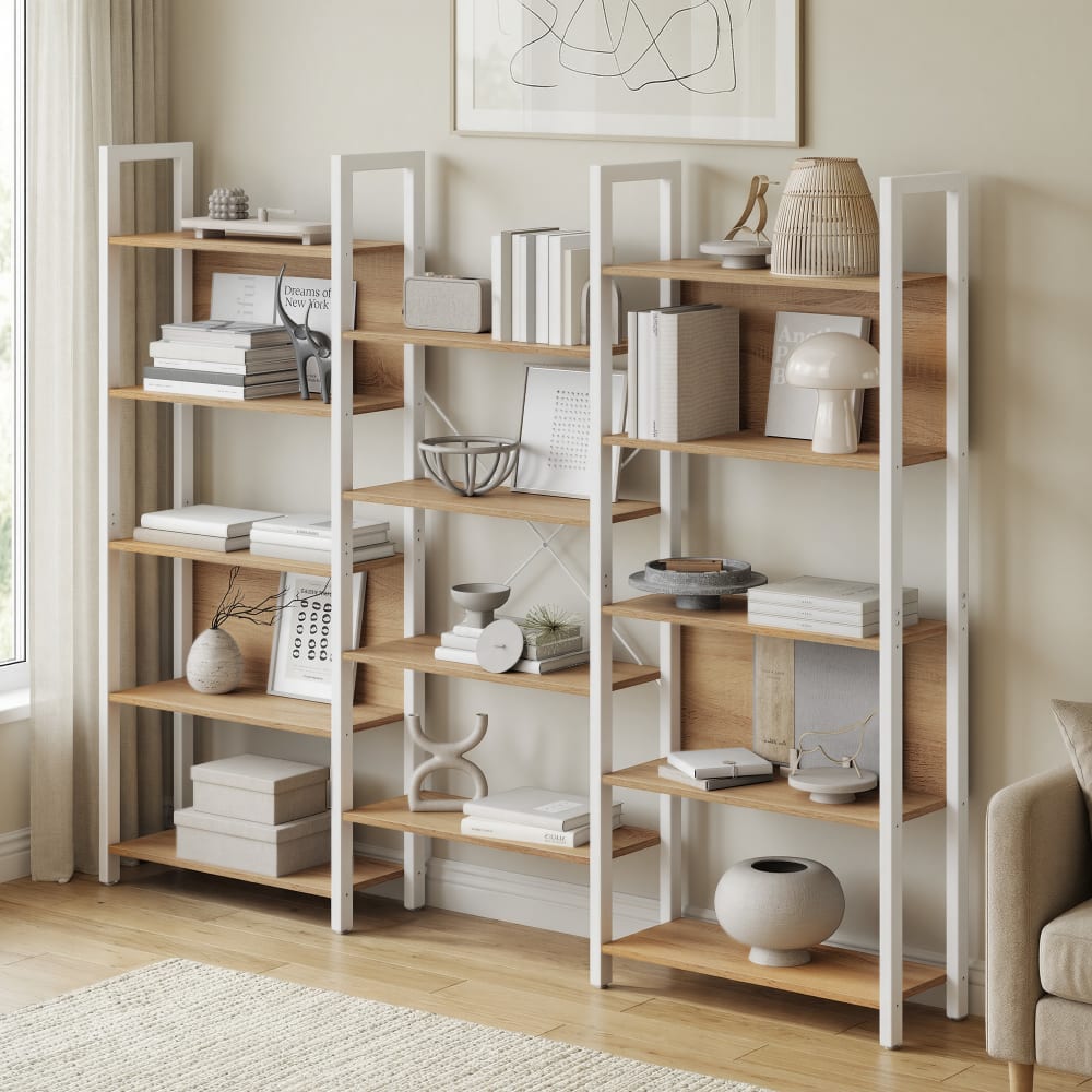 Étagère de rangement modulable métal bureau salon blanc et chêne