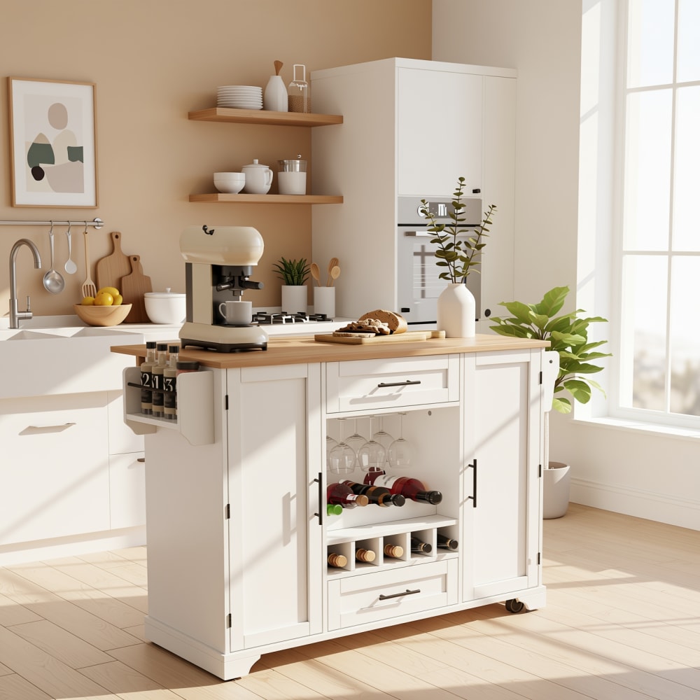 Îlot de cuisine multifonction avec rangements et porte-bouteilles