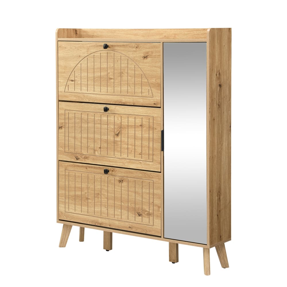 Meuble à chaussures haut en bois 3 abattants avec miroir