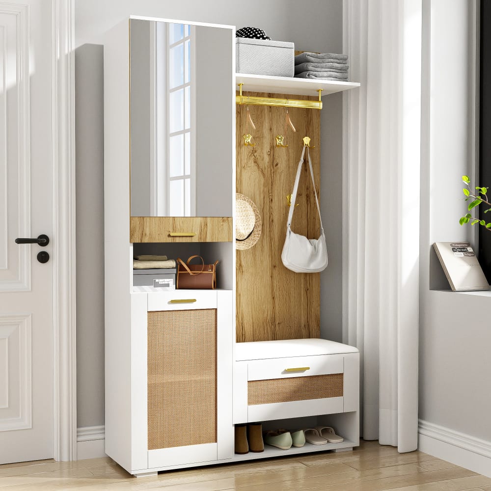 Flurschrank mit Garderobe, Sitzbank und Stauraum,Beige - Maisons