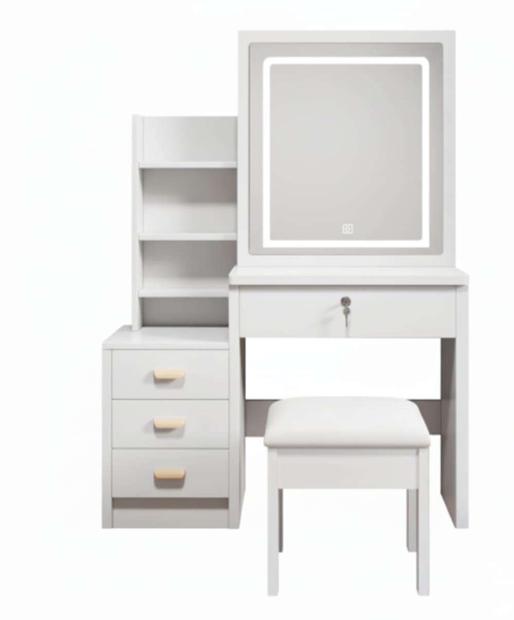 Coiffeuse blanche avec miroir LED tactile, tiroirs et étagères