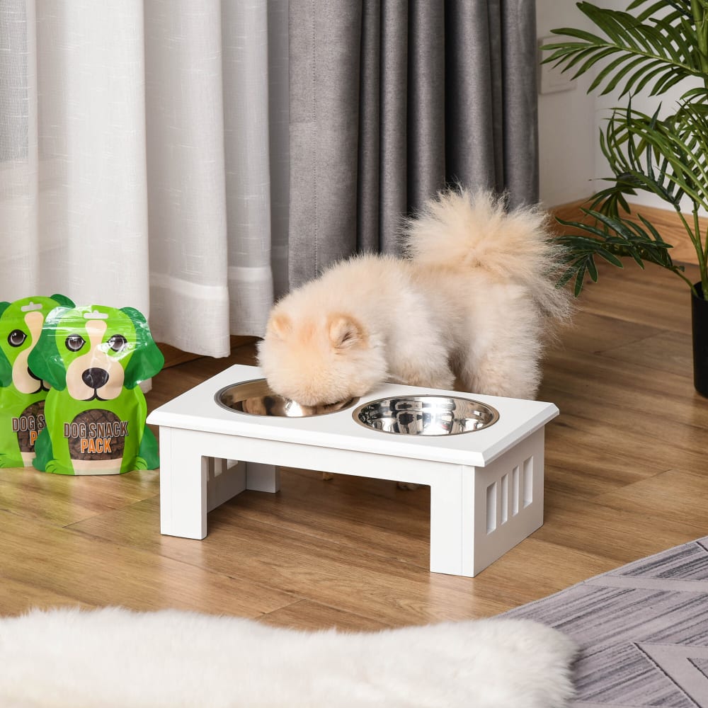 Gamelle chien ou chat surélevée avec 2 bols inox, MDF blanc
