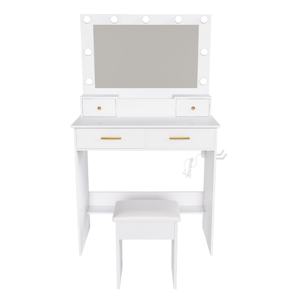 Coiffeuse blanche avec miroir hollywoodien à ampoules LED et tabouret