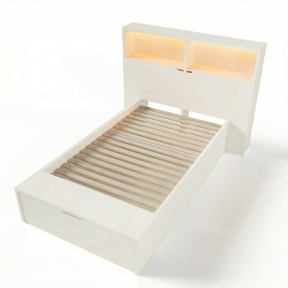 Lit enfant blanc 90x200 avec rangements, LED et ports USB