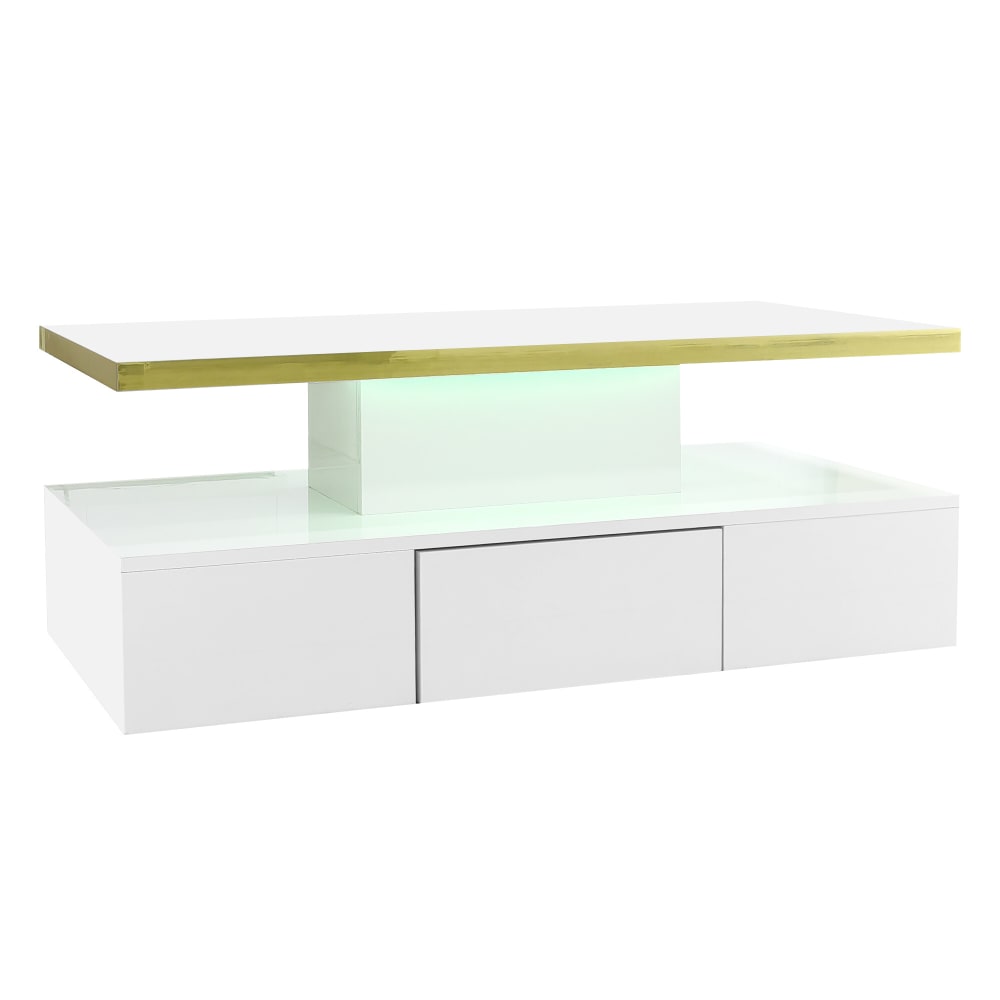 Table basse blanche brillante avec LED et tiroirs de rangement