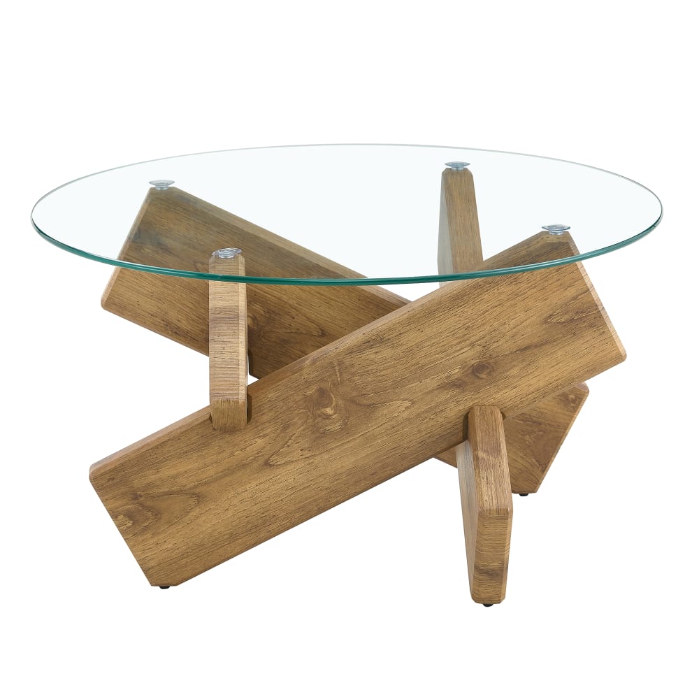 Table basse ronde effet bois en verre trempé pieds croisés 79*79cm