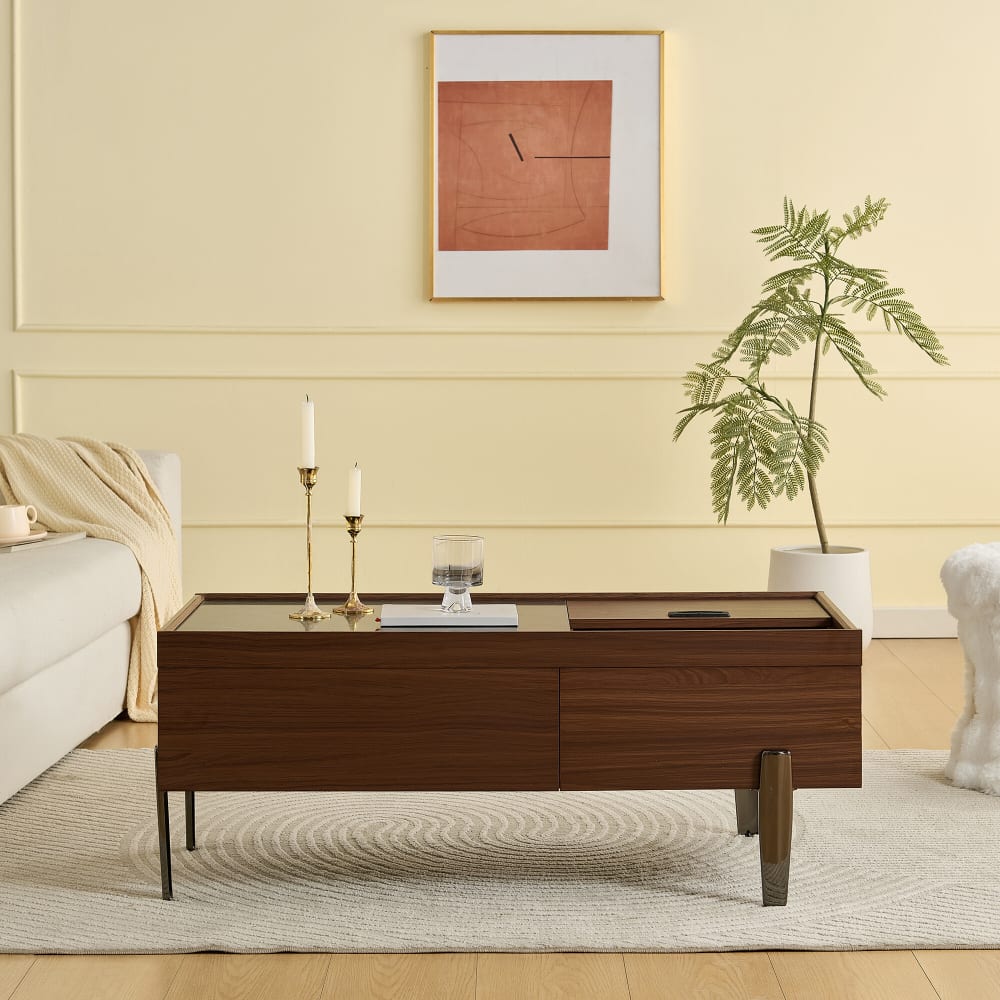 Table basse noyer avec plateau coulissant, tiroir de rangement