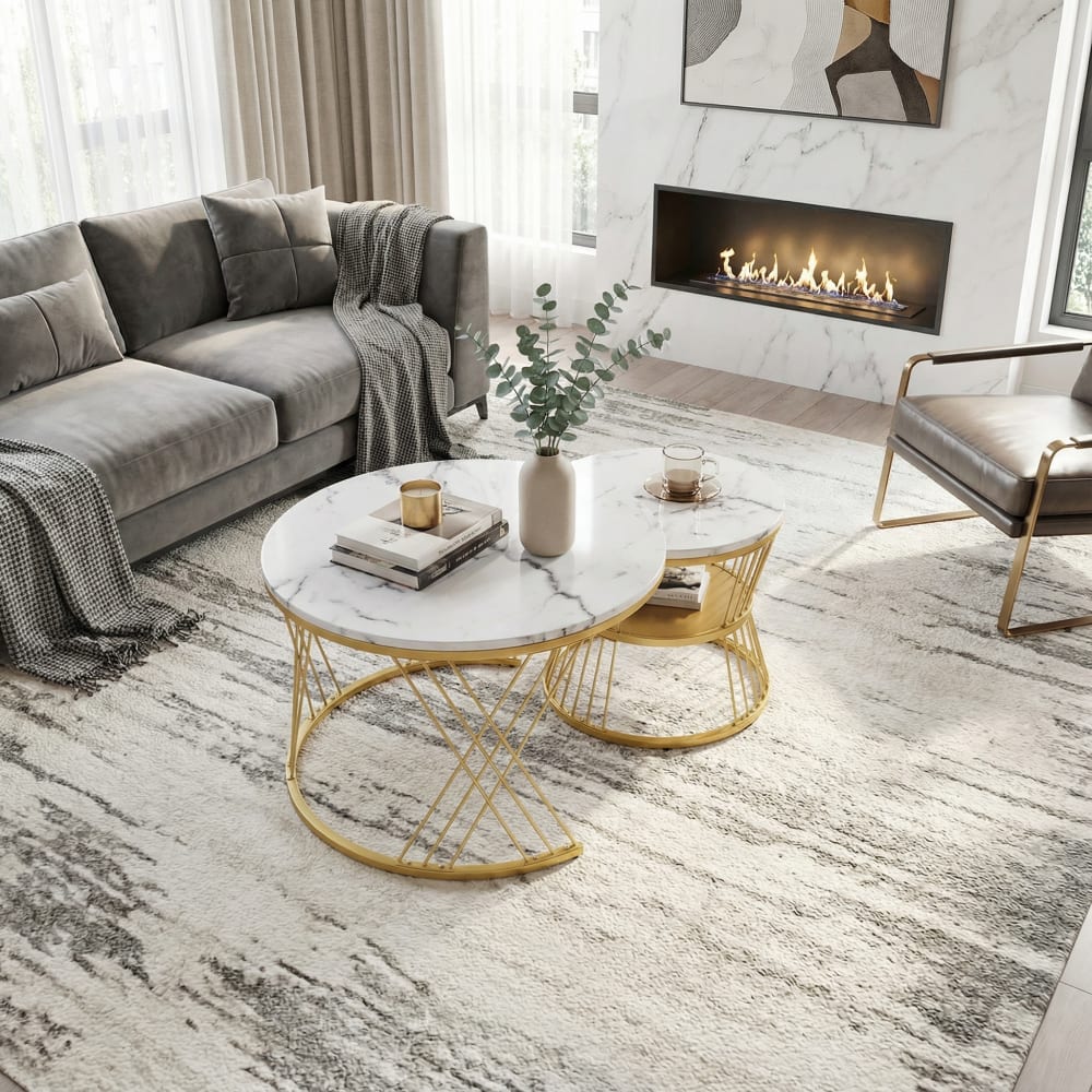 Lot de 2 tables basses gigognes rondes effet marbre blanc