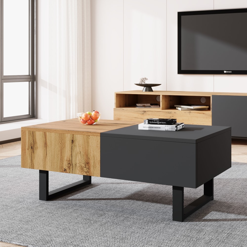 Table basse extensible avec rangement intégré en bois et métal