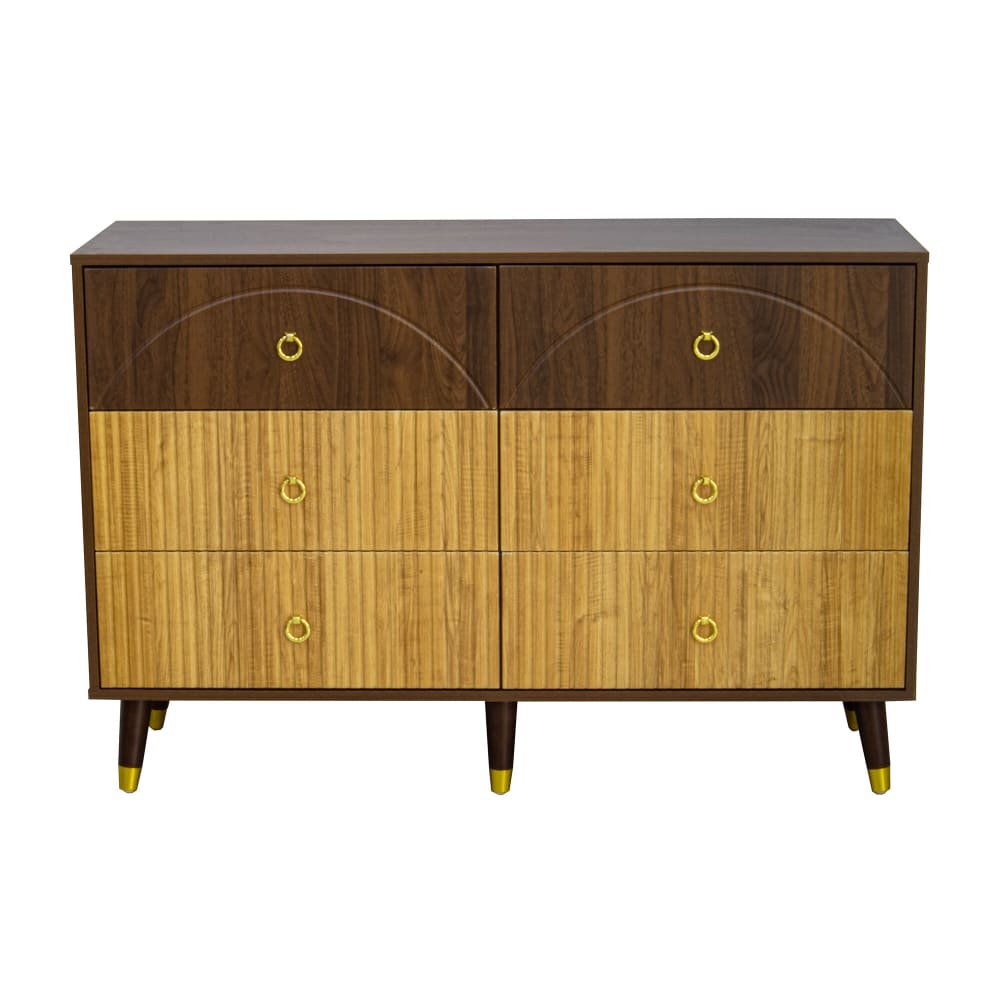 Commode rétro chic 6 tiroirs en bois bicolore avec poignées dorées