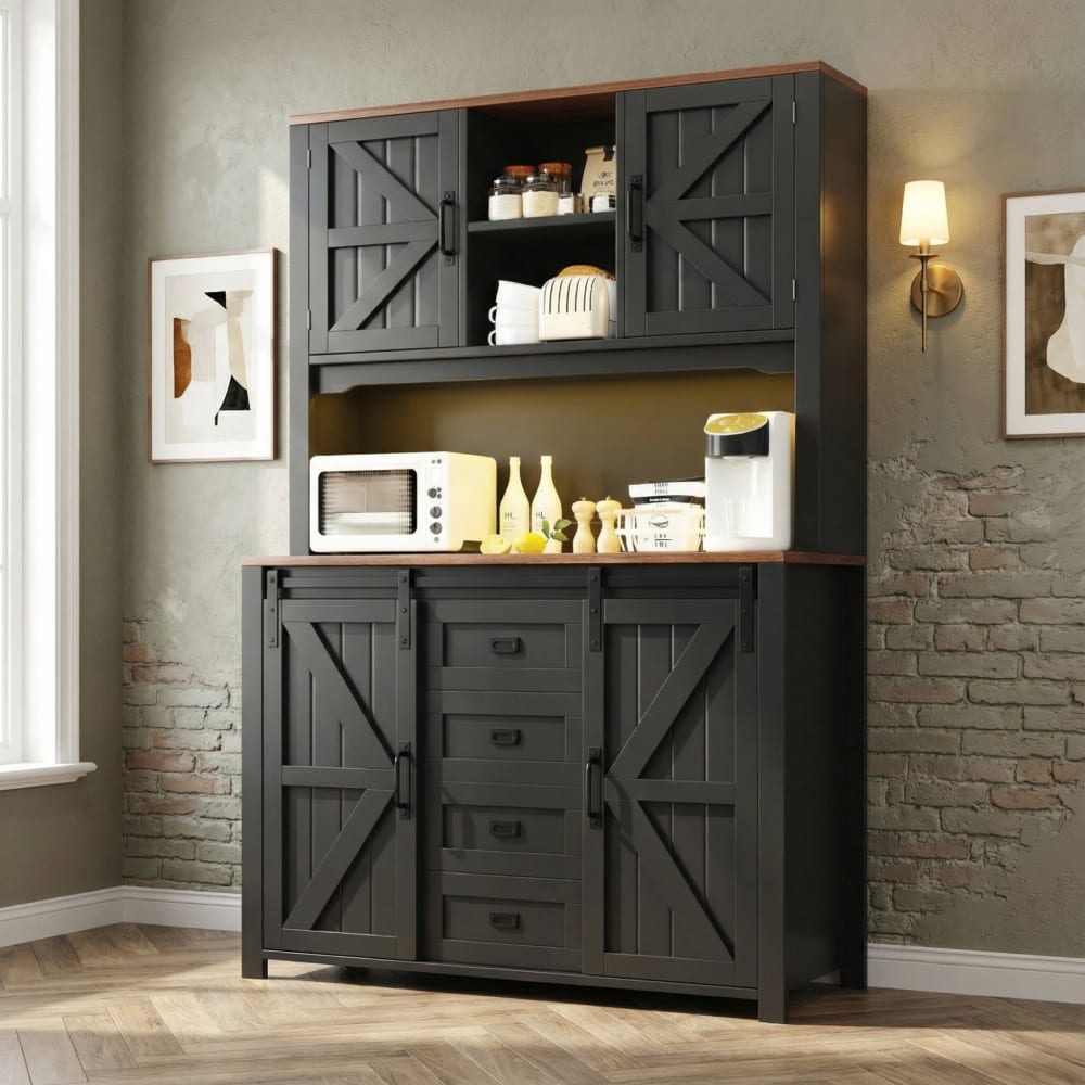 Hoher Küchenschrank mit Vitrine und LED-Beleuchtung,Schwarz -