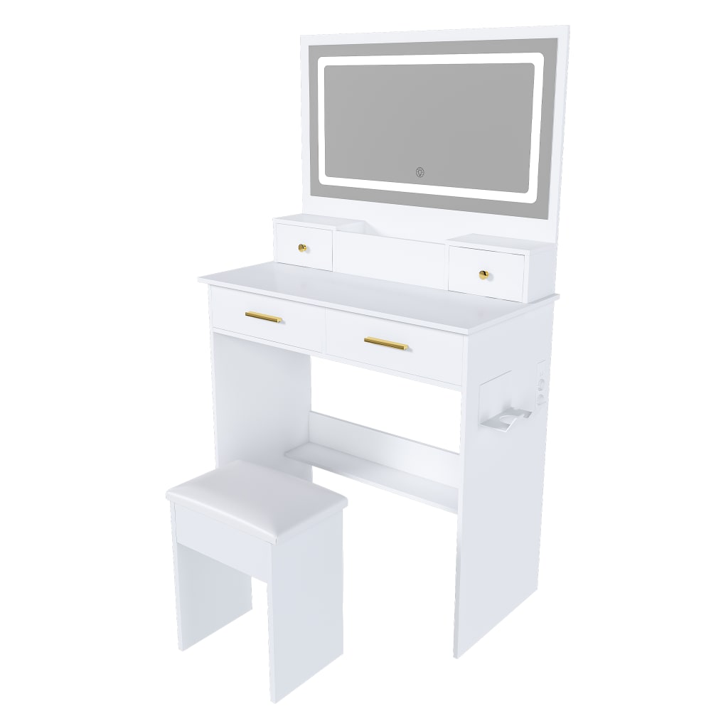 Coiffeuse blanche avec miroir LED XXL, prises intégrées et tabouret