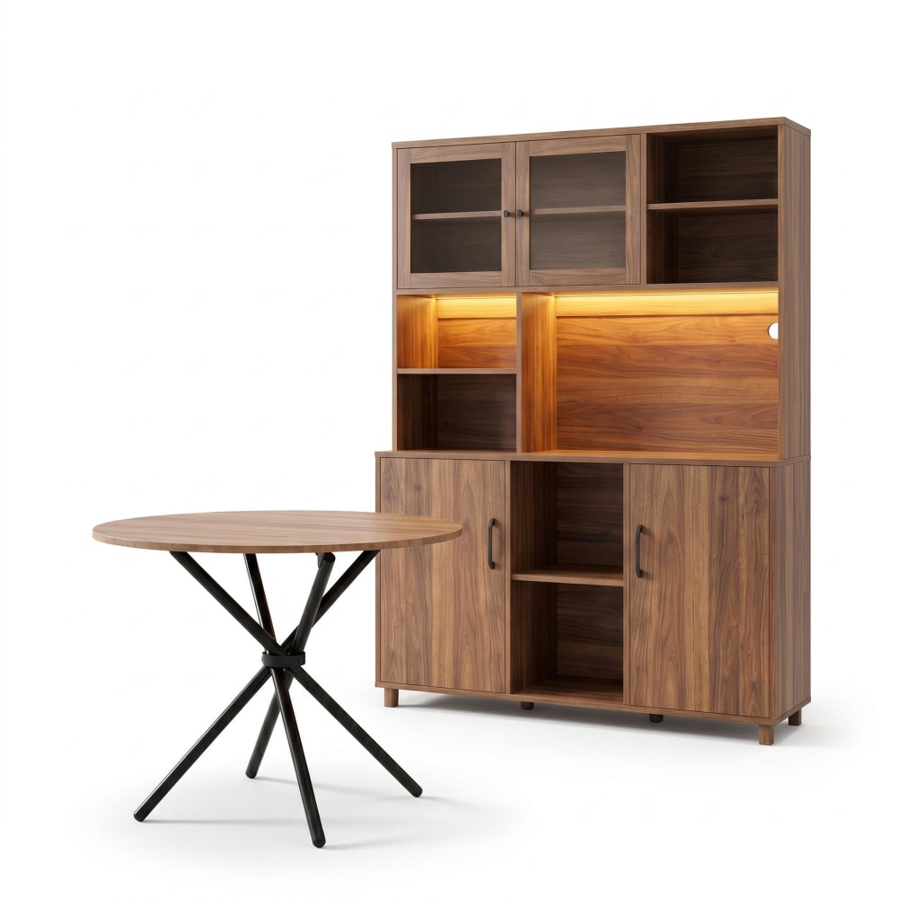 Urban Meuble Highboard mit LED und runder Esstisch, Holzoptik/Schwarz style industrial Braun Spanplatte