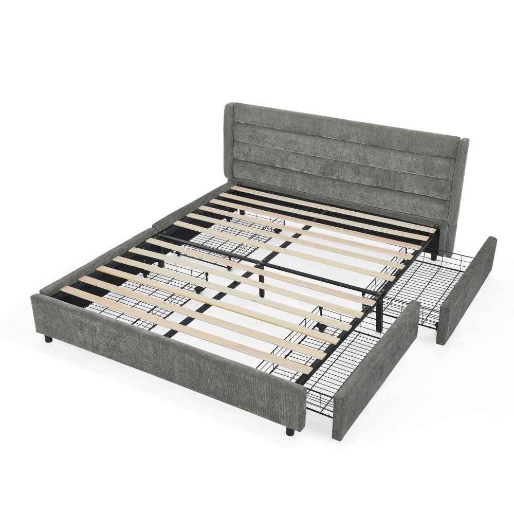 Lit double 140x200 cm en tissu chenille avec 4 tiroirs, gris foncé