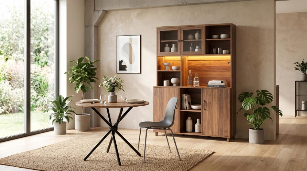 Ensemble buffet haut à LED et table ronde en bois, style industriel